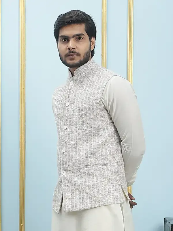 Men_Off_White_Kurta_Pajama_And_Cream_Color_Solid_Khadi_Nehru_Jacket