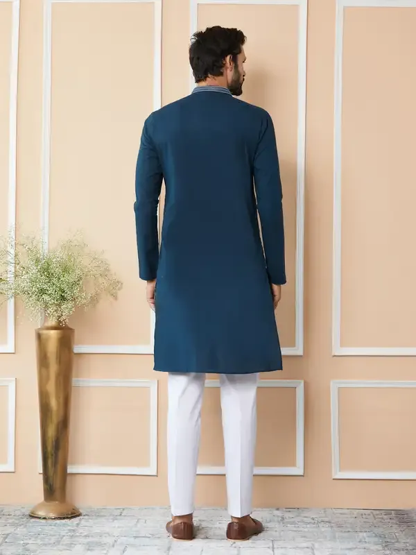Dark_Blue_Thread_Worked_Pure_Cotton_Straight_Kurta_With_Pyjama