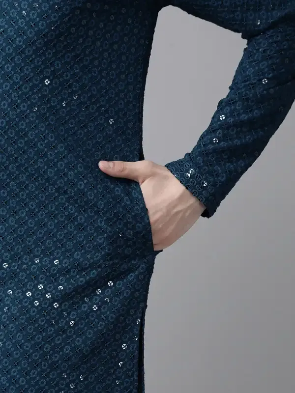 Men_Teal_Blue_Floral_Embroidered_Sequined_Rayon_Kurta_With_Pyjama
