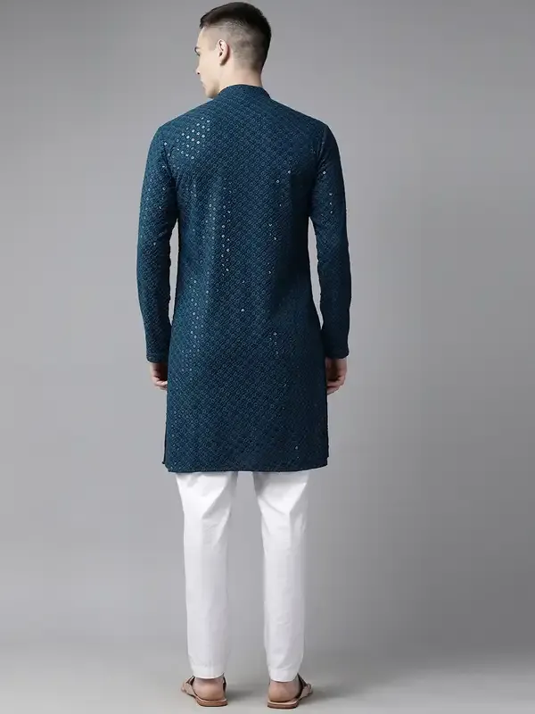 Men_Teal_Blue_Floral_Embroidered_Sequined_Rayon_Kurta_With_Pyjama