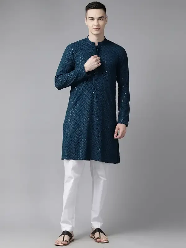 Men_Teal_Blue_Floral_Embroidered_Sequined_Rayon_Kurta_With_Pyjama