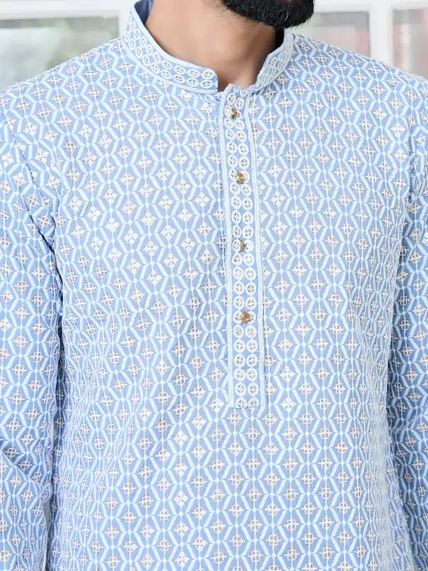 Men'S_Blue_Embroidered_Thread_Work_Sequinned_Rayon_Straight_Kurta_With_Pyjama