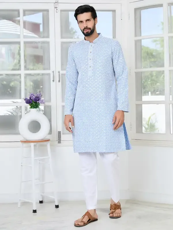 Men'S_Blue_Embroidered_Thread_Work_Sequinned_Rayon_Straight_Kurta_With_Pyjama