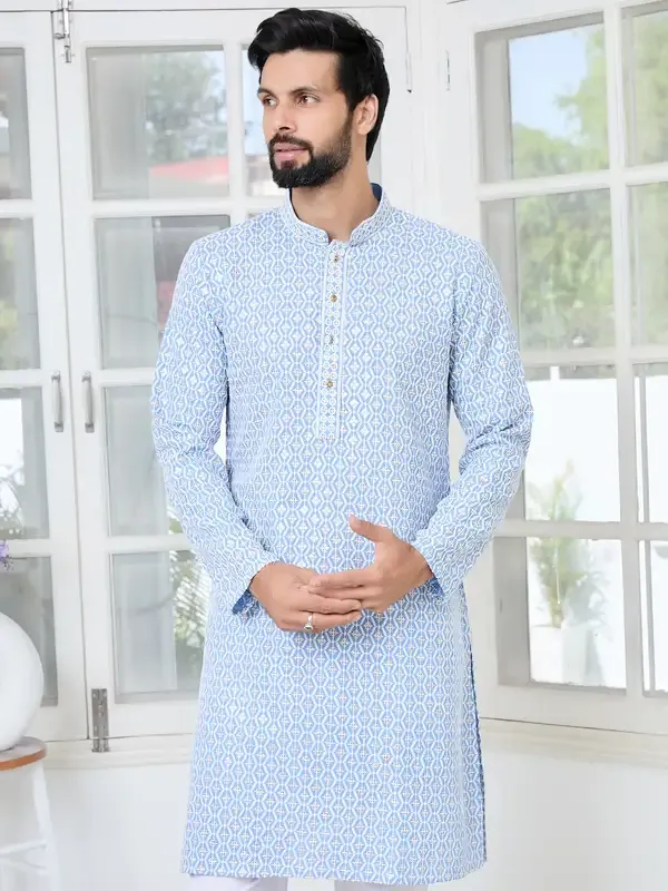 Men'S_Blue_Embroidered_Thread_Work_Sequinned_Rayon_Straight_Kurta_With_Pyjama