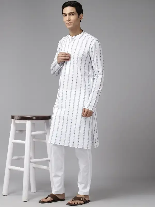 Men_White_&_Blue_Pure_Cotton_Embroidered_Staright_Kurta_With_Pajama