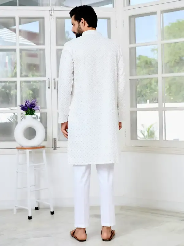 Men'S_White_Embroidered_Thread_Work_Sequinned_Rayon_Straight_Kurta_With_Pyjama