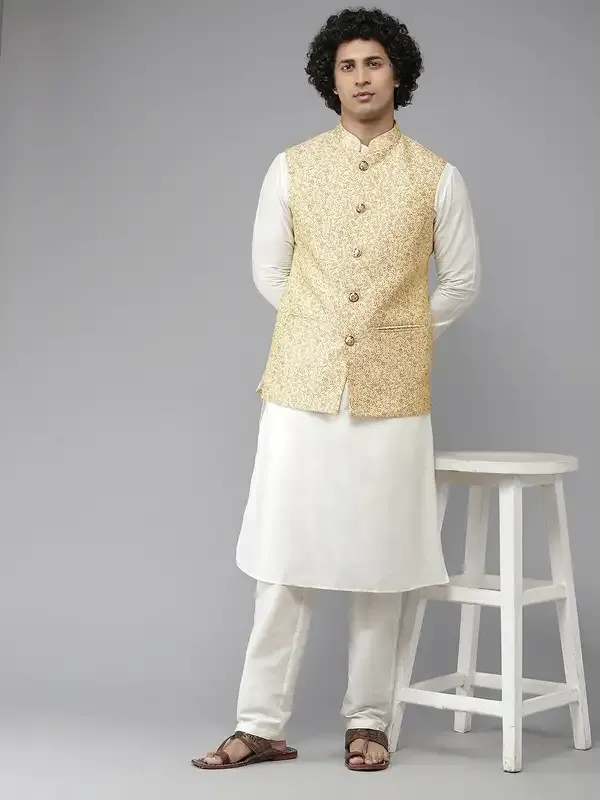 Men_Gold_&_White_Solid_Kurta_Pyjamas_With_Nehru_Jacket