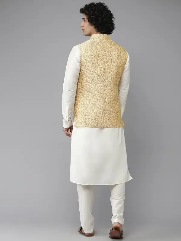 Men_Gold_&_White_Solid_Kurta_Pyjamas_With_Nehru_Jacket