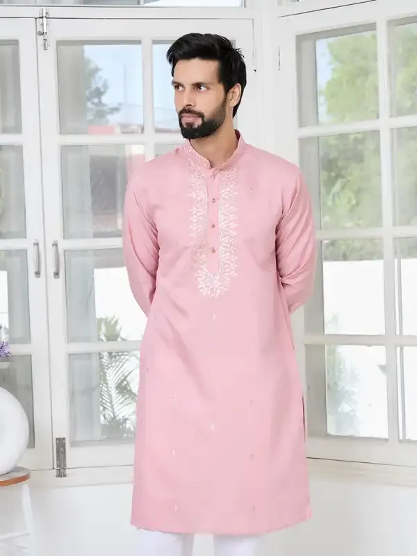 Pastel_Pink_Thread_Worked_Chanderi_Straight_Kurta_With_Yoke_Design_Paired_With_Pyjama