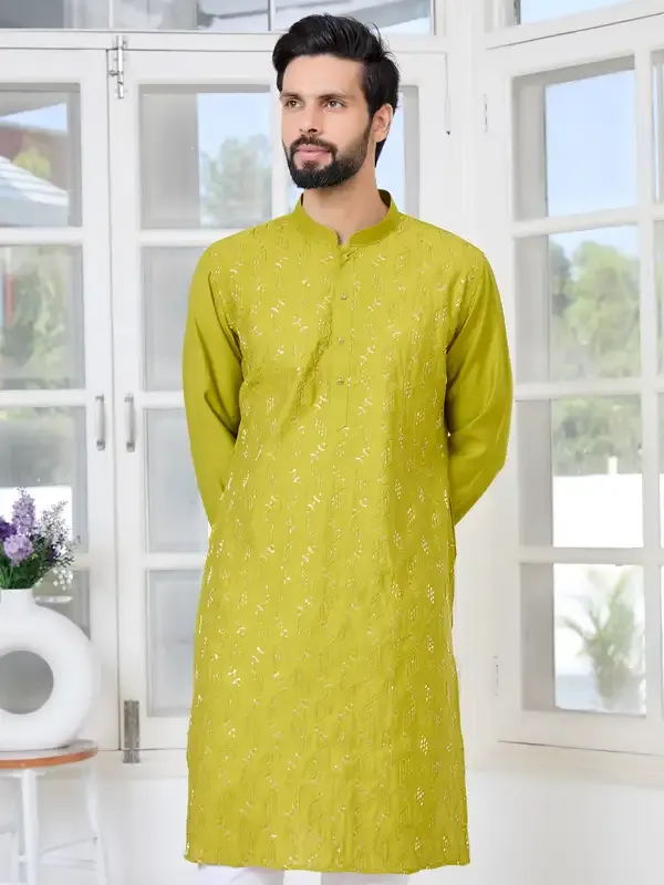 Green_Ethnic_Motifs_Embroidered_Sequinned_Mandarin_Collar_Straight_Kurta_With_Pyjama