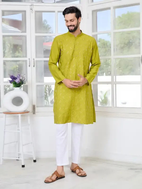 Green_Ethnic_Motifs_Embroidered_Sequinned_Mandarin_Collar_Straight_Kurta_With_Pyjama