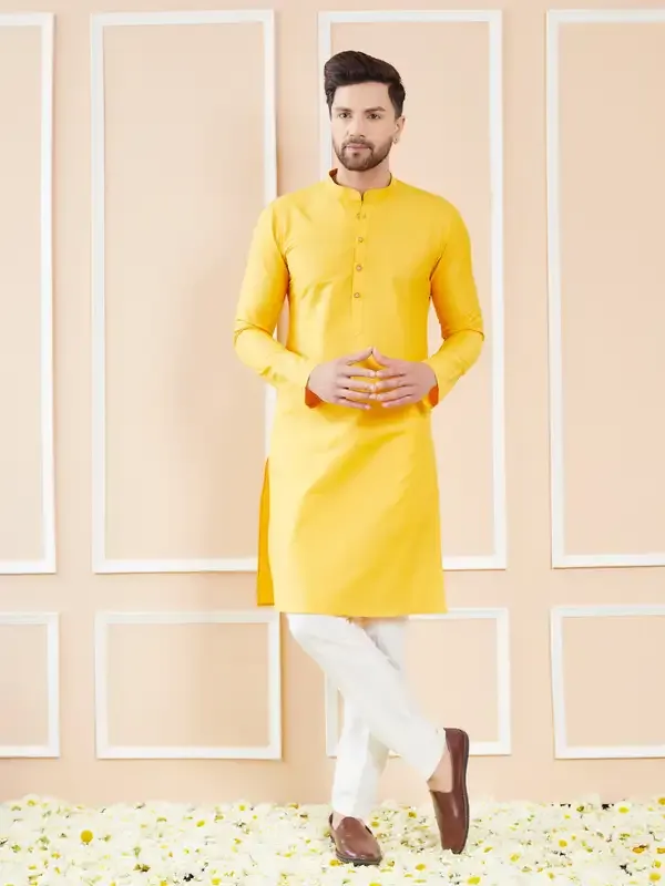 Yellow_Cotton_Solid_Straight_Kurta_With_Pyjama