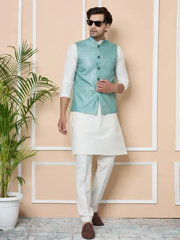 Aqua_Green_Sequin_Embroidered_Nehru_Jacket_With_Solid_Kurta-Pyjama_(3_Piece_Set)