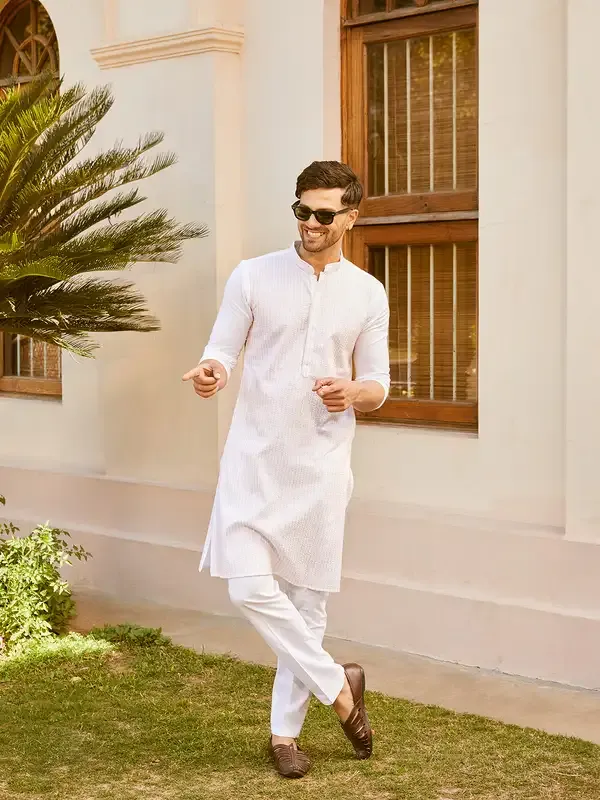 Men_White_Cotton_Pintex_Design_Pink_Thared_Work_&_Sequence_Kurta_With_Pyjama