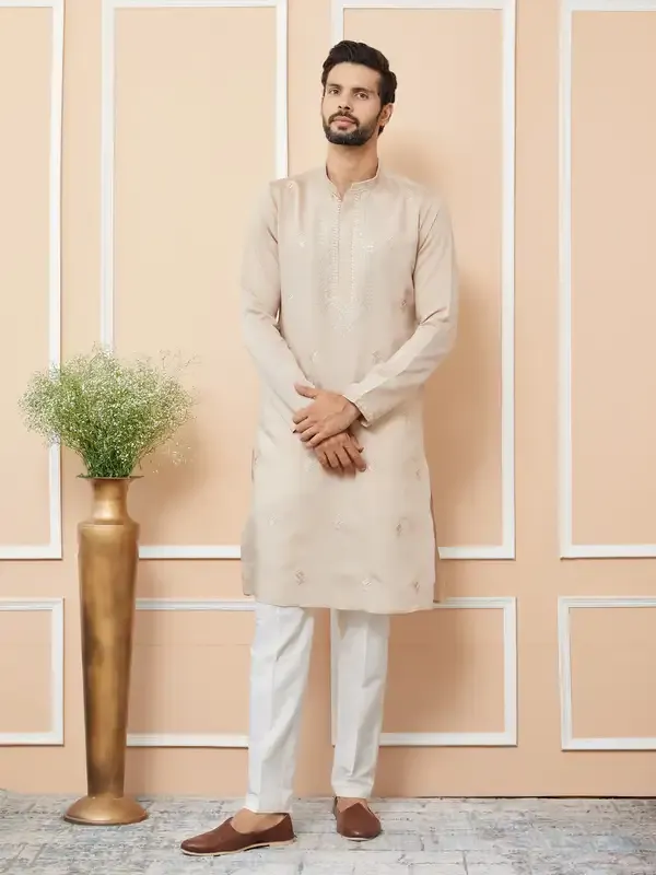 Beige_Embroidered_Chanderi_Silk_Straight_Kurta_With_Pyjama