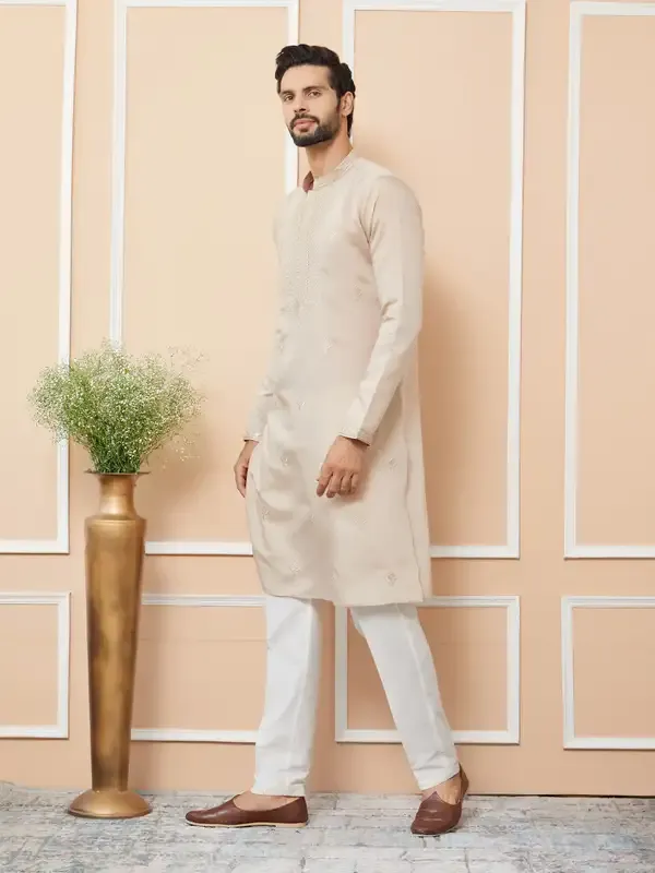 Beige_Embroidered_Chanderi_Silk_Straight_Kurta_With_Pyjama