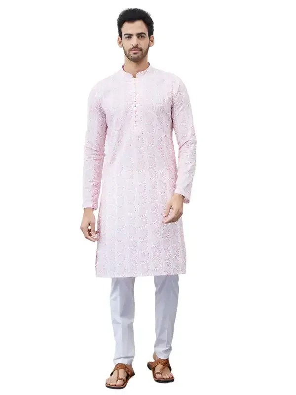 Men_White_And_Orange_Chikankari_Embroidered_Cotton_Kurta_Set