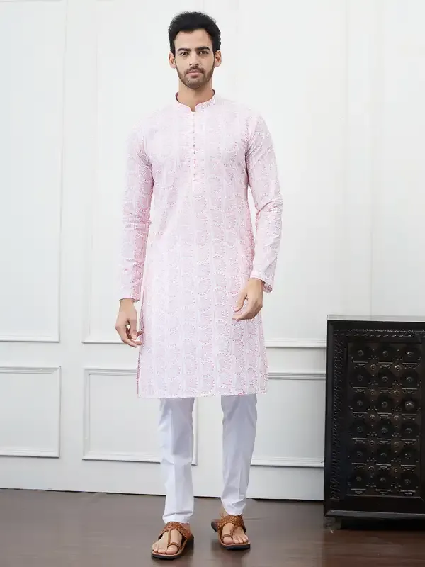 Men_White_And_Orange_Chikankari_Embroidered_Cotton_Kurta_Set