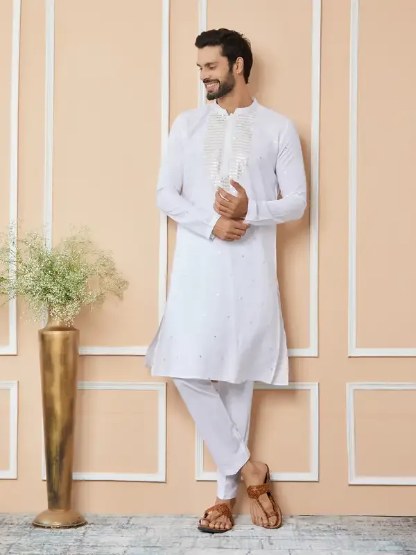 White_Sequins_Embroidered_Rayon_Straight_Kurta_With_Yoke_Design_And_Pyjama