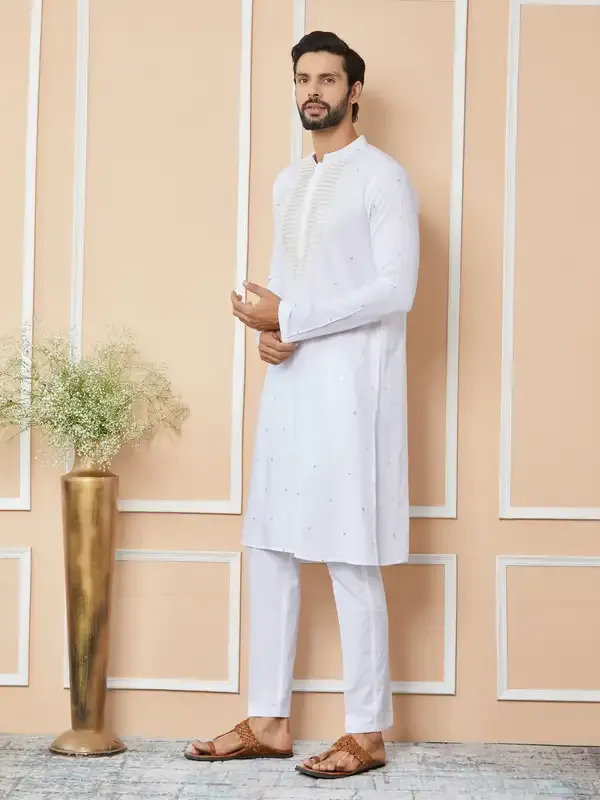 White_Sequins_Embroidered_Rayon_Straight_Kurta_With_Yoke_Design_And_Pyjama