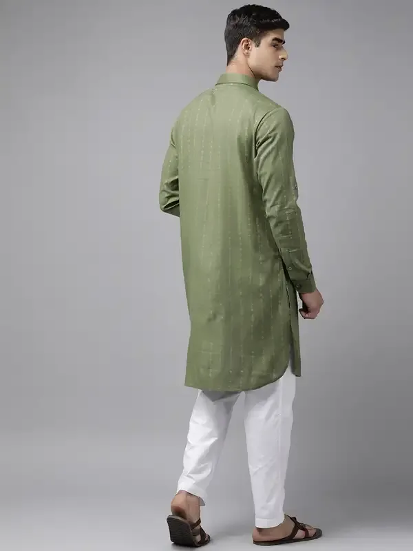 Men_Olive_Regular_Pure_Cotton_Pathani_Printed_Men'S_Kurta_With_White_Salwar