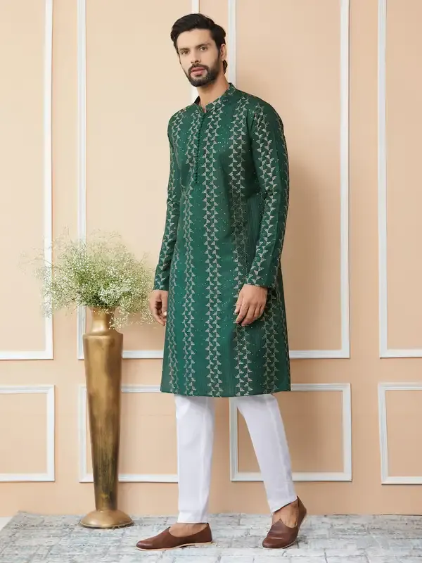 Green_Embroidered_Thread_Work_Sequinned_Chanderi_Silk_Straight_Kurta_With_Pyjama