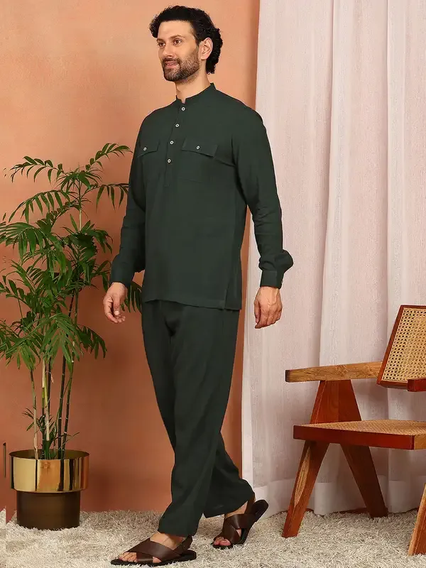 Men'S_Dark_Green_Linen_Solid_Pathani_Set