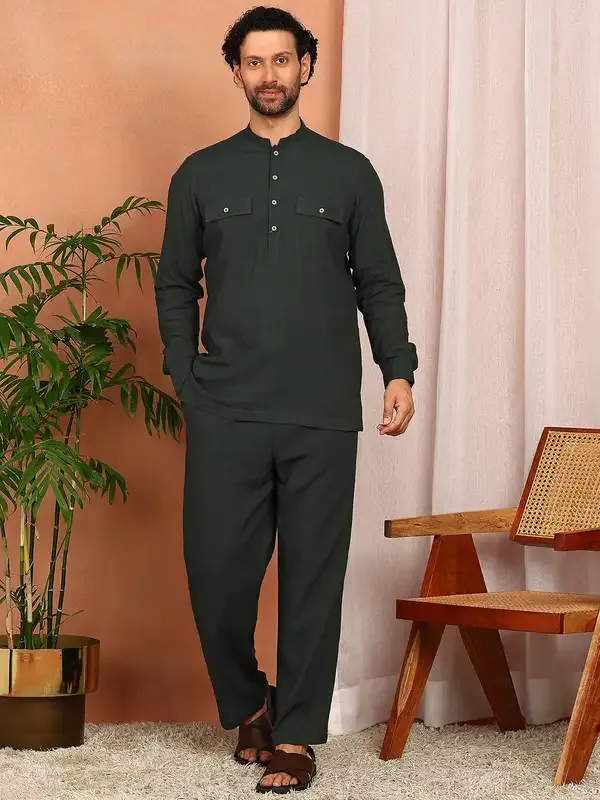 Men'S_Dark_Green_Linen_Solid_Pathani_Set