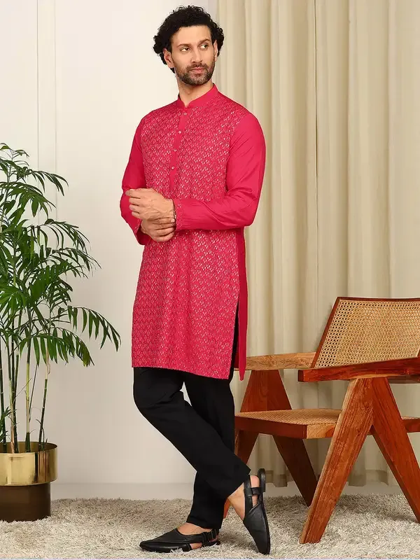 Pink_Sequin_Embroidered_Mandarin_Collar_Straight_Kurta_With_Pyjama