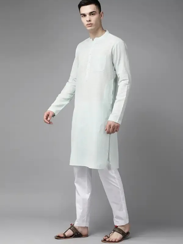 Men_Green_&_Beige_Printed_Pure_Cotton_Kurta_Pyjama_With_Nehru_Jacket