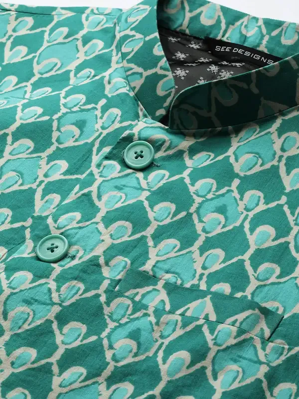 Men_Green_&_Beige_Printed_Pure_Cotton_Kurta_Pyjama_With_Nehru_Jacket