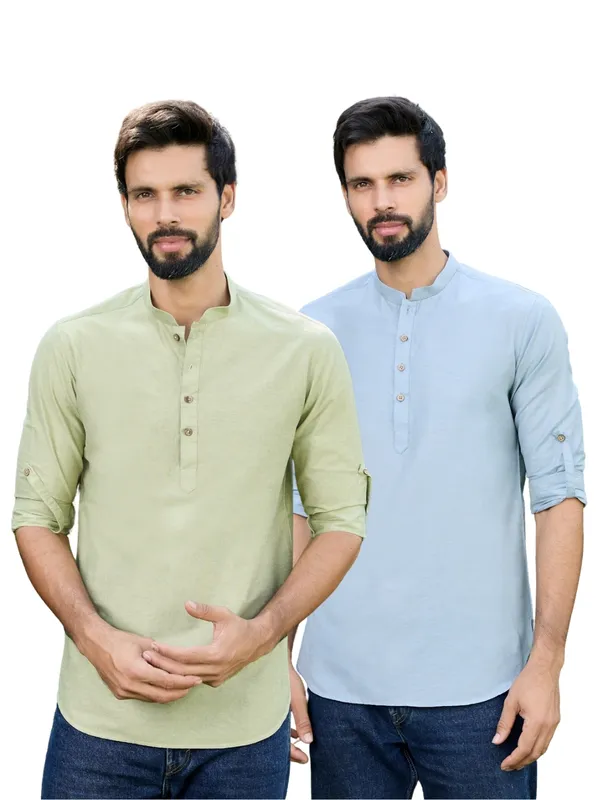 Men_Pack_Of_2_Green_&_Blue_Deluxe_Cotton_Solid_Short_Kurta