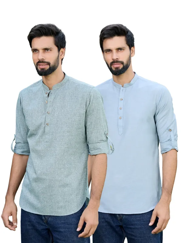 Men_Pack_Of_2_Green_&_Blue_Cotton_Solid_Short_Kurta