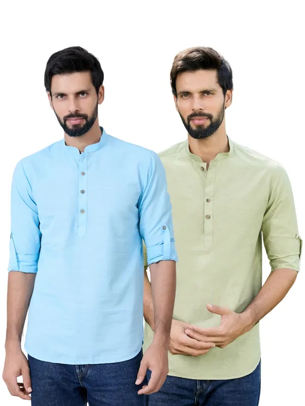 Men_Pack_Of_2_Turquoise_Blue_&_Olive_Cotton_Solid_Short_Kurta