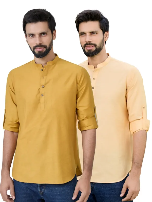 Men_Pack_Of_2_Mustard_&_Peach_Deluxe_Cotton_Solid_Short_Kurta