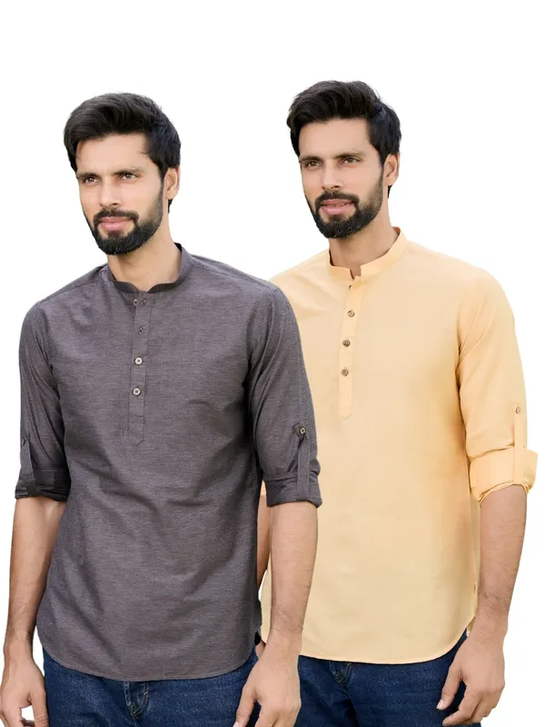Men_Pack_Of_2_Brown_&_Peach_Deluxe_Cotton_Solid_Short_Kurta