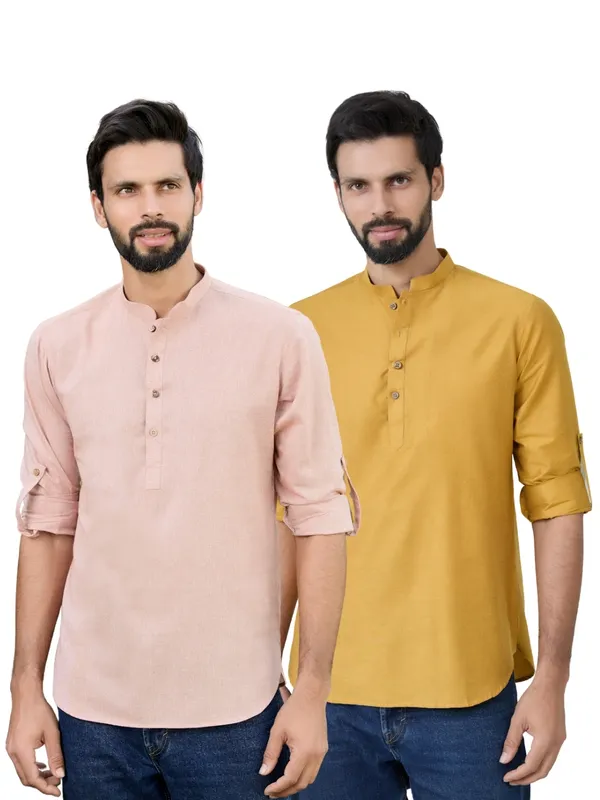Men_Pack_Of_2_Brown_&_Mustard_Cotton_Solid_Short_Kurta