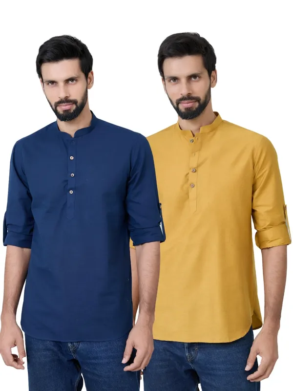 Men_Pack_Of_2_Navy_Blue_&_Mustard_Deluxe_Cotton_Solid_Short_Kurta