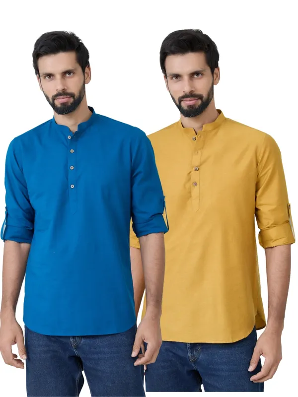 Men_Pack_Of_2_Blue_&_Mustard_Cotton_Solid_Short_Kurta