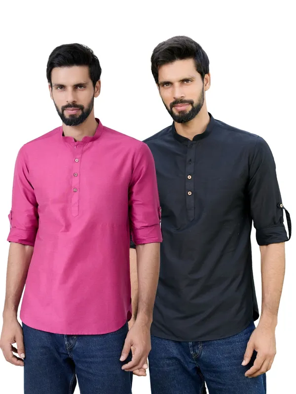 Men_Pack_Of_2_Pink_&_Black_Cotton_Solid_Short_Kurta