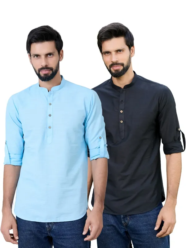 Men_Pack_Of_2_Turquoise_Blue_&_Black_Cotton_Solid_Short_Kurta