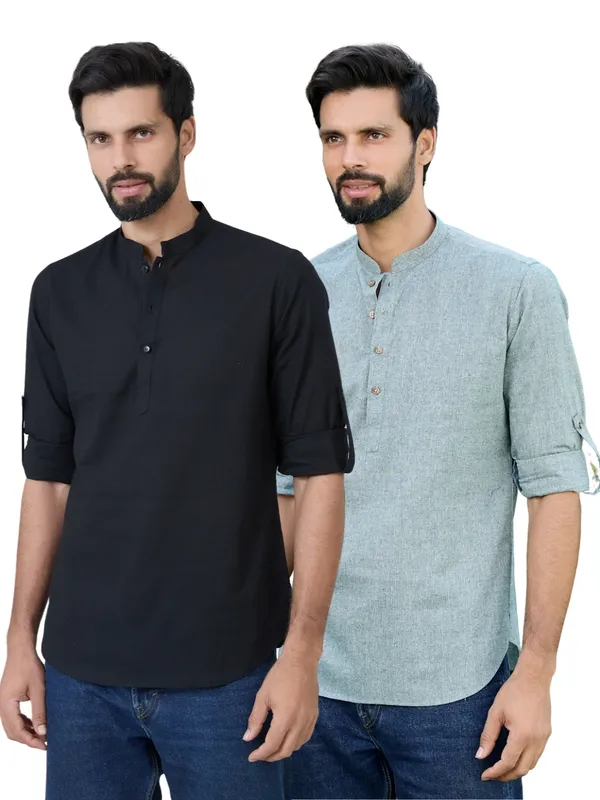 Men_Pack_Of_2_Black_&_Green_Cotton_Solid_Short_Kurta