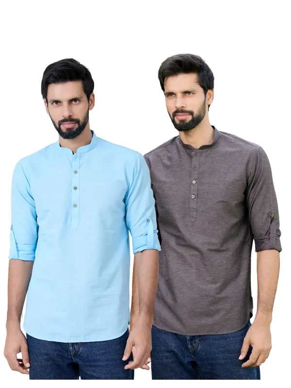 Men_Pack_Of_2_Turquoise_Blue_&_Brown_Cotton_Solid_Short_Kurta