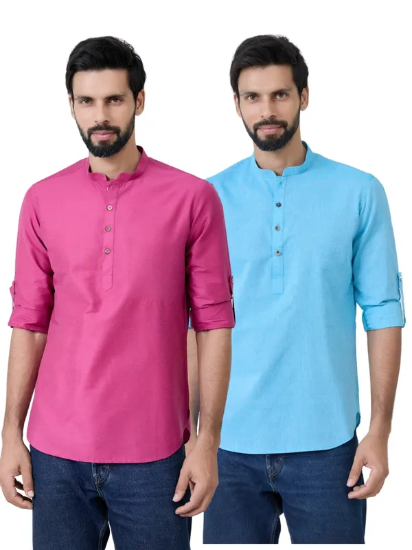 Men_Pack_Of_2_Pink_&_Turquoise_Blue_Cotton_Solid_Short_Kurta