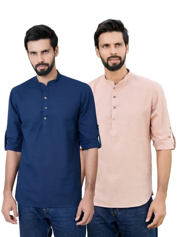 Men_Pack_Of_2_Navy_Blue_&_Brown_Cotton_Solid_Short_Kurta