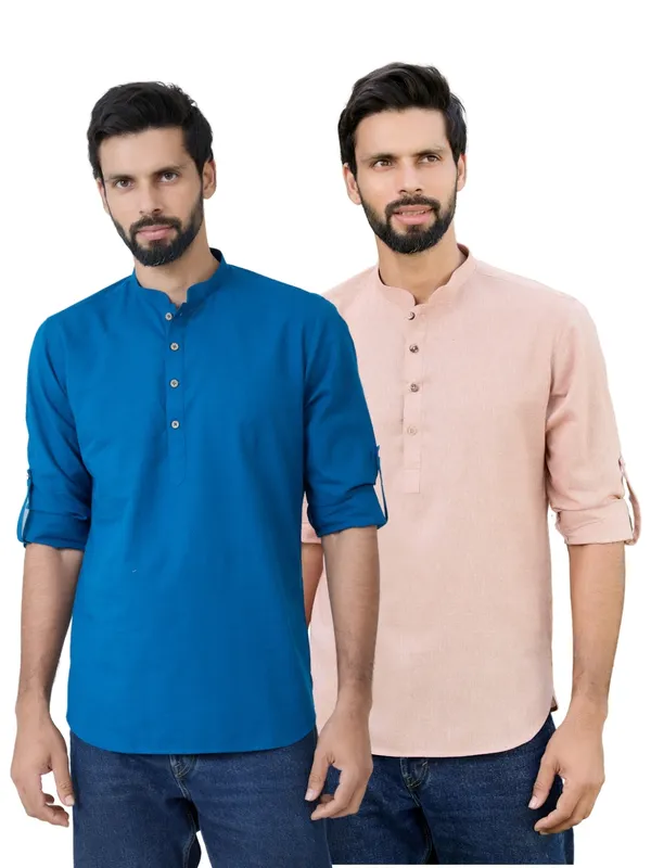 Men_Pack_Of_2_Blue_&_Brown_Cotton_Solid_Short_Kurta
