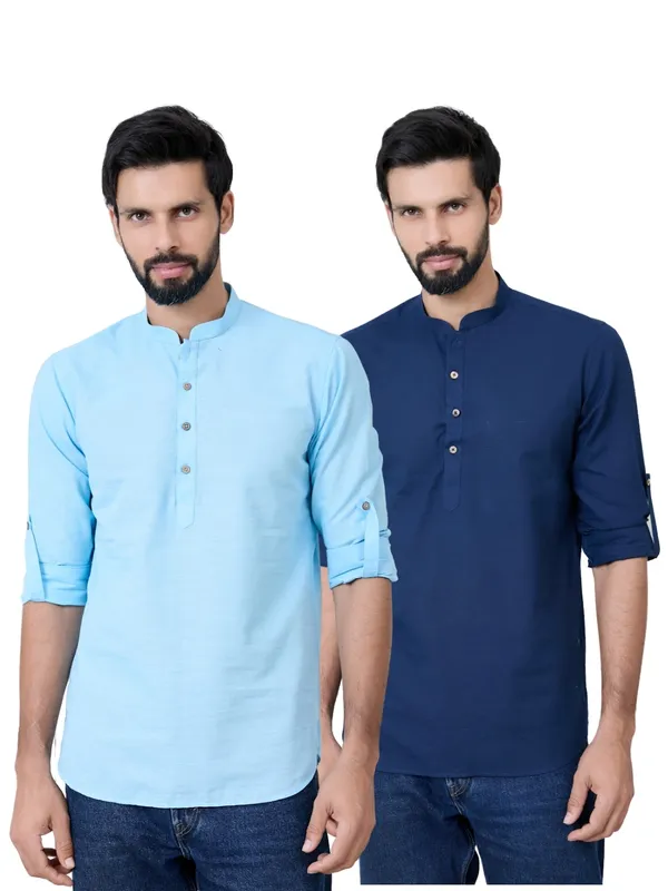 Men_Pack_Of_2_Turquoise_Blue_&_Navy_Blue_Cotton_Solid_Short_Kurta