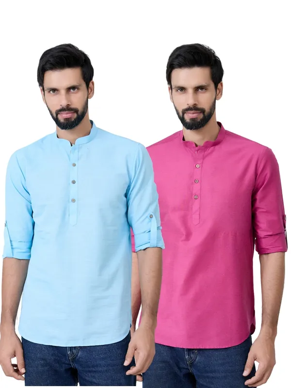 Men_Pack_Of_2_Turquoise_Blue_&_Pink_Cotton_Solid_Short_Kurta