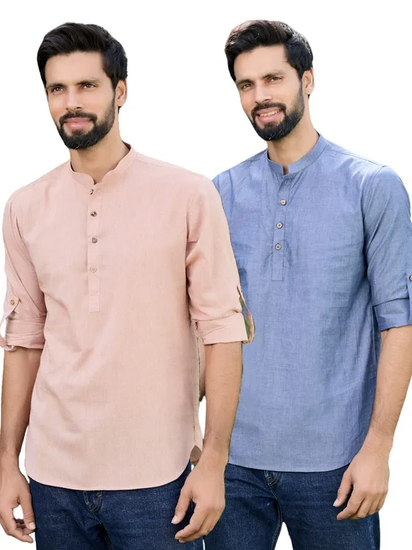 Men_Pack_Of_2_Brown_&_Blue_Cotton_Solid_Short_Kurta