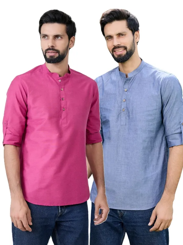 Men_Pack_Of_2_Pink_&_Blue_Deluxe_Cotton_Solid_Short_Kurta